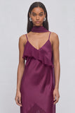 Plum Mermaid Spaghetti Straps Ruffled Maxi Formal Dress with Neck Scarf