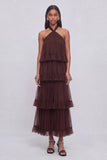 Brown Halter Ruffled Tiered Maxi Formal Dress