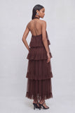 Brown Halter Ruffled Tiered Maxi Formal Dress