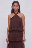 Brown Halter Ruffled Tiered Maxi Formal Dress