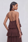 Brown Halter Ruffled Tiered Maxi Formal Dress