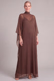 Brown A-Line High Neck Long Mother of the Bride Dress with Sleeves