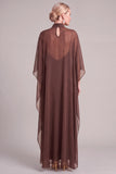 Brown A-Line High Neck Long Mother of the Bride Dress with Sleeves