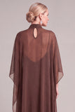 Brown A-Line High Neck Long Mother of the Bride Dress with Sleeves