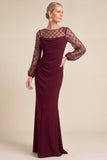 Sparkly Burgundy Mermaid Illusion Neck Ruched Long Mother of the Bride Dress with Sequins