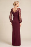 Sparkly Burgundy Mermaid Illusion Neck Ruched Long Mother of the Bride Dress with Sequins