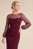 Sparkly Burgundy Mermaid Illusion Neck Ruched Long Mother of the Bride Dress with Sequins
