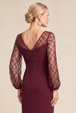 Sparkly Burgundy Mermaid Illusion Neck Ruched Long Mother of the Bride Dress with Sequins