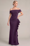 Grape Mermaid Off the Shoulder Ruched Long Mother of the Bride Dress with Ruffles