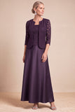 Grape 2 Piece A-Line Square Neck Long Mother of the Bride Dress with Sleeves