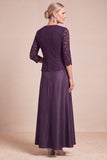 Grape 2 Piece A-Line Square Neck Long Mother of the Bride Dress with Sleeves