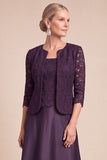 Grape 2 Piece A-Line Square Neck Long Mother of the Bride Dress with Sleeves