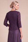 Grape 2 Piece A-Line Square Neck Long Mother of the Bride Dress with Sleeves