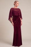 Burgundy Mermaid Boat Neck Velvet Ruched Long Mother of the Bride Dress with Cape