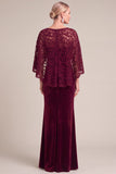 Burgundy Mermaid Boat Neck Velvet Ruched Long Mother of the Bride Dress with Cape
