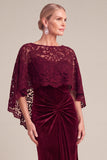 Burgundy Mermaid Boat Neck Velvet Ruched Long Mother of the Bride Dress with Cape