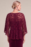 Burgundy Mermaid Boat Neck Velvet Ruched Long Mother of the Bride Dress with Cape