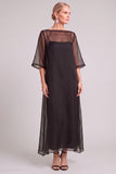 Black A-Line Boat Neck Long Mother of the Bride Dress with Sleeves