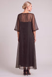 Black A-Line Boat Neck Long Mother of the Bride Dress with Sleeves