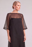 Black A-Line Boat Neck Long Mother of the Bride Dress with Sleeves
