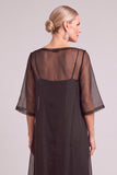 Black A-Line Boat Neck Long Mother of the Bride Dress with Sleeves