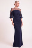 Sparkly Navy Mermaid Illusion Neck Ruched Long Mother of the Bride Dress with Beading