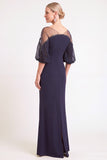 Sparkly Navy Mermaid Illusion Neck Ruched Long Mother of the Bride Dress with Beading