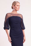 Sparkly Navy Mermaid Illusion Neck Ruched Long Mother of the Bride Dress with Beading