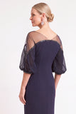 Sparkly Navy Mermaid Illusion Neck Ruched Long Mother of the Bride Dress with Beading