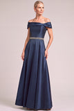 Navy A-Line Off the Shoulder Satin Long Mother of the Bride Dress with Rhinestones