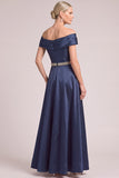 Navy A-Line Off the Shoulder Satin Long Mother of the Bride Dress with Rhinestones