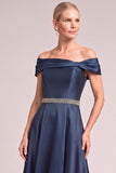 Navy A-Line Off the Shoulder Satin Long Mother of the Bride Dress with Rhinestones