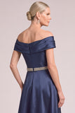 Navy A-Line Off the Shoulder Satin Long Mother of the Bride Dress with Rhinestones