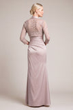 Light Grey Mermaid 2 Piece Ruched Long Lace Mother of the Bride Dress with Sleeves