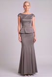 Dark Grey Mermaid Boat Neck Satin Long Mother of the Bride Dress with Rhinestones