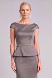 Dark Grey Mermaid Boat Neck Satin Long Mother of the Bride Dress with Rhinestones