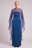 Dark Blue Sheath Round Neck Long Mother of the Bride Dress with Cape