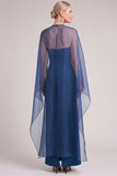 Dark Blue Sheath Round Neck Long Mother of the Bride Dress with Cape