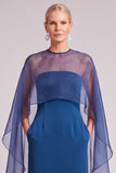 Dark Blue Sheath Round Neck Long Mother of the Bride Dress with Cape
