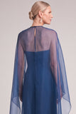 Dark Blue Sheath Round Neck Long Mother of the Bride Dress with Cape