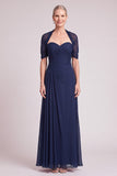 Navy Ruched Sweetheart 2 Piece Long Mother of the Bride Dress with Cape