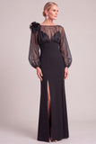 Black Mermaid Puff Sleeves Long Mother of the Bride Dress with 3D Flower