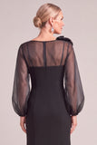 Black Mermaid Puff Sleeves Long Mother of the Bride Dress with 3D Flower