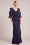 Navy Sparkly Sheath V-Neck Long Mother of the Bride Dress with Beading