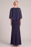 Navy Sparkly Sheath V-Neck Long Mother of the Bride Dress with Beading
