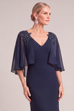 Navy Sparkly Sheath V-Neck Long Mother of the Bride Dress with Beading