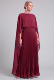 Burgundy A-Line Boat Neck Long Pleated Mother of the Bride Dress with Cape