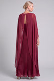 Burgundy A-Line Boat Neck Long Pleated Mother of the Bride Dress with Cape