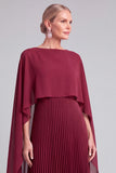 Burgundy A-Line Boat Neck Long Pleated Mother of the Bride Dress with Cape
