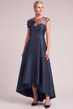 Navy A-Line Illusion Neck High-Low Mother of the Bride Dress with 3D Flower